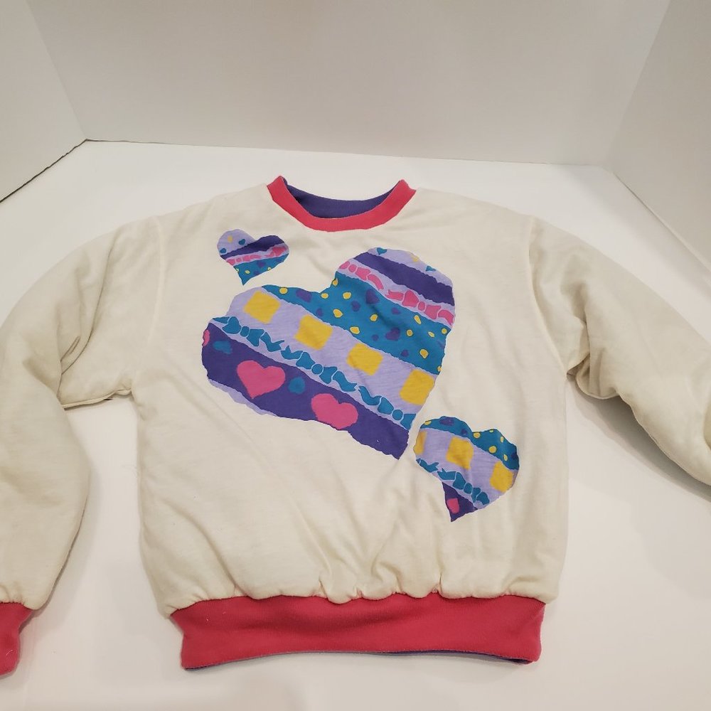 VTG Retro Reversible Sweatshirt Crewneck Kids Med? See Descr Heart Bright Print.